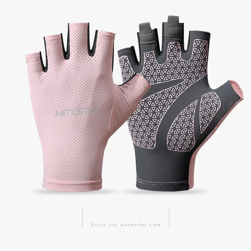 Fingerless cycling gloves in dusky pink and grey with a triangular patterned anti-slip palm grip.