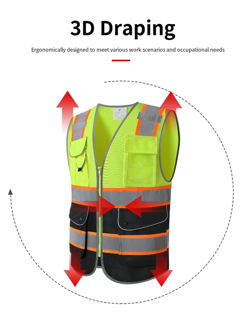 High-visibility utility vest with yellow upper and black lower sections, reflective stripes, and multiple front pockets.