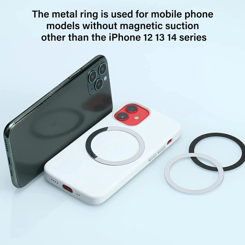 Adhesive silver and black metal rings for phones, displayed next to smartphones on a light blue background.