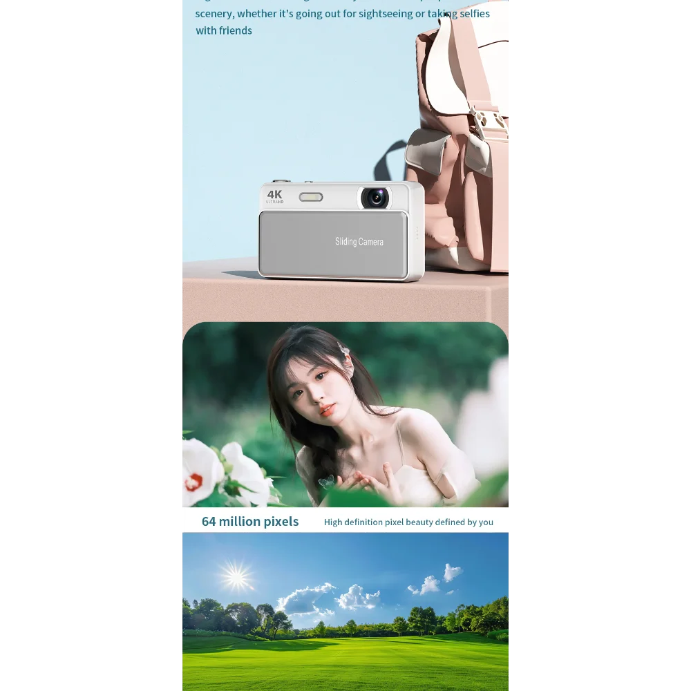 A sleek white 4K digital camera with a sliding lens cover, showcased alongside lifestyle and landscape photography samples.