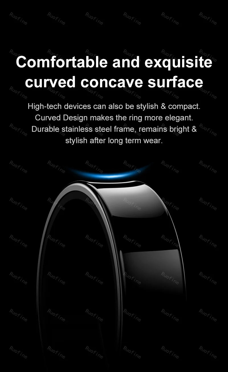 Sleek black smart health tracking ring with a durable, curved stainless steel design for a stylish, comfortable fit.