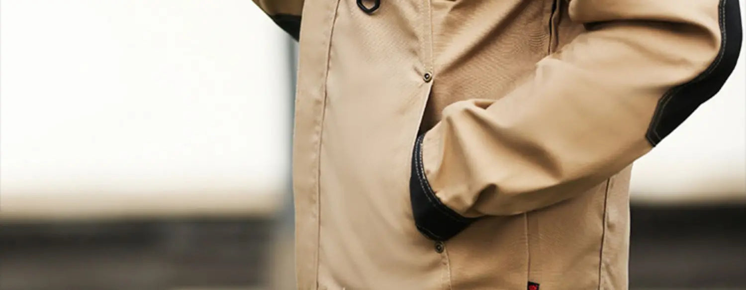 Close-up of a tan-coloured work jacket featuring a button-down placket, side pockets, and contrasting black trim.