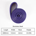Purple coiled resistance band with a specification table for size and 35-85lb resistance range.