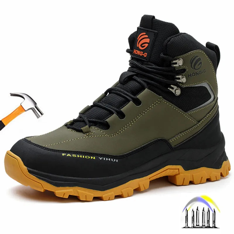 Green and black high-top safety work boot with a steel toe, black laces, and thick orange lug sole.