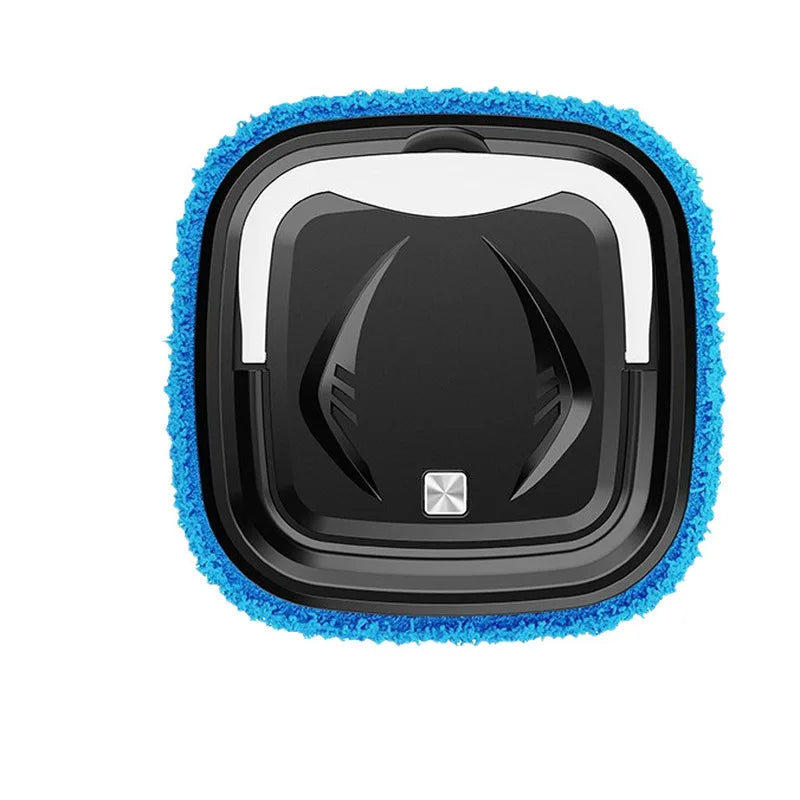 A square robotic window cleaner with a black body, a white handle, and a blue microfiber pad.
