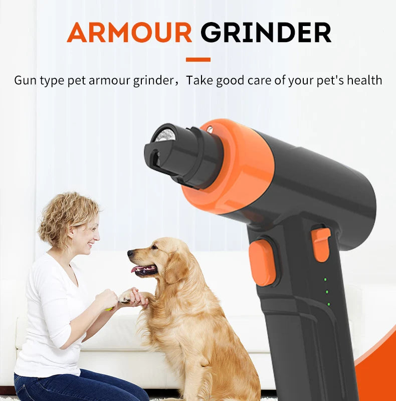 Black and orange handheld electric pet nail grinder with two speed settings. A woman grooms a golden retriever's paw.