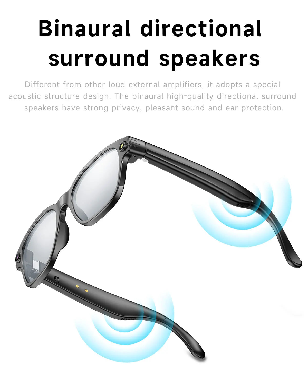 Black smart glasses with built-in camera, featuring surround sound speakers represented by glowing blue wave icons.