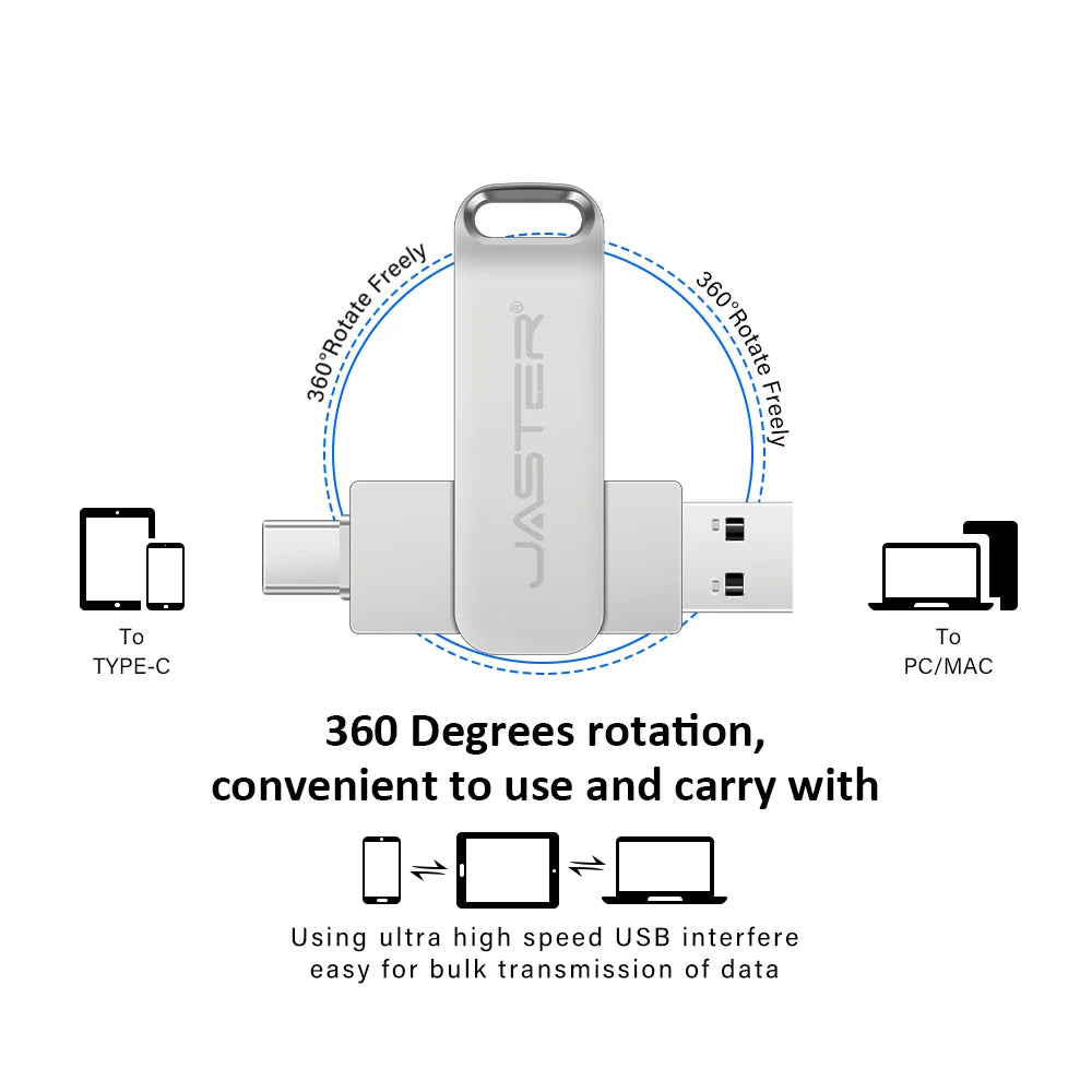 Silver 2-in-1 metal flash drive with 360-degree rotating USB-C and USB 2.0 connectors for phone, tablet and PC.