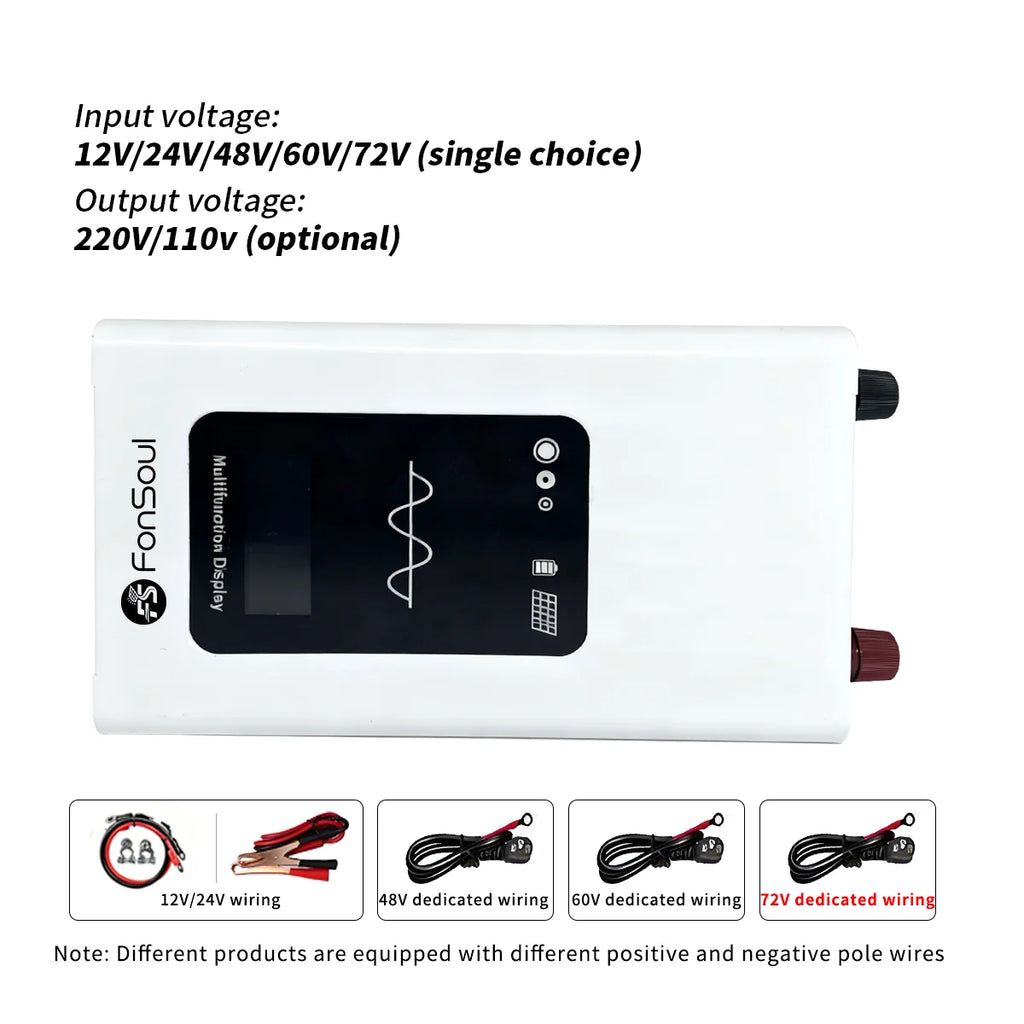 White 2000W pure sine wave power inverter with a digital display panel and a selection of compatible wiring cables.