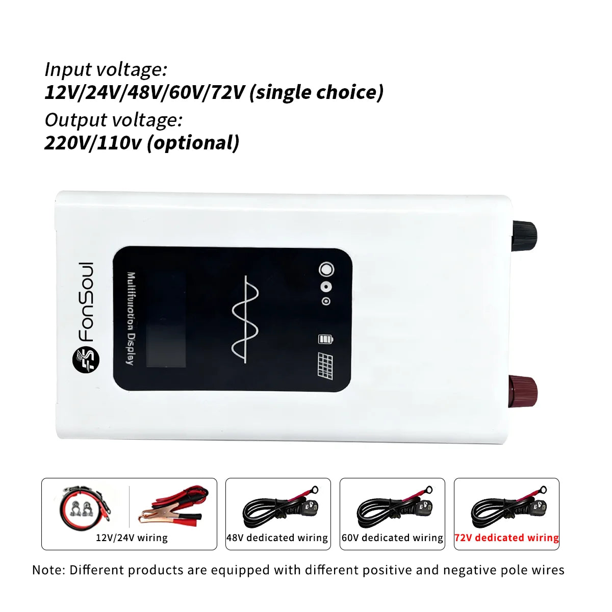 White 2000W pure sine wave power inverter with a digital display panel and a selection of compatible wiring cables.