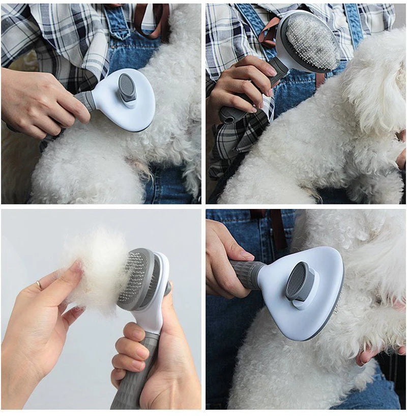 White and grey self-cleaning pet slicker brush being used to groom a white dog and removing matted fur.