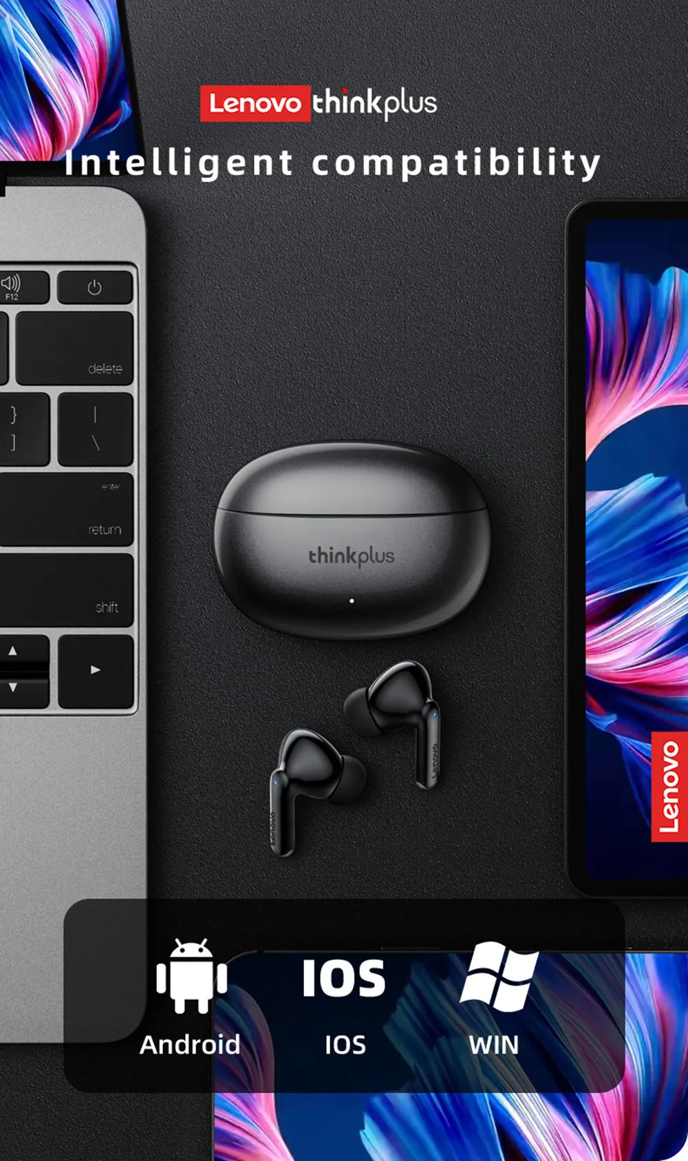 Black wireless earbuds and a sleek, oval-shaped charging case shown with a laptop and tablet for cross-device usage.