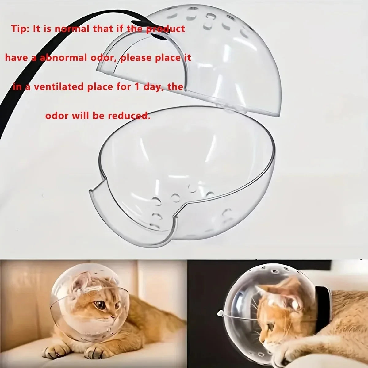 Clear, breathable, spherical cat grooming hood with ventilation holes and an adjustable strap.