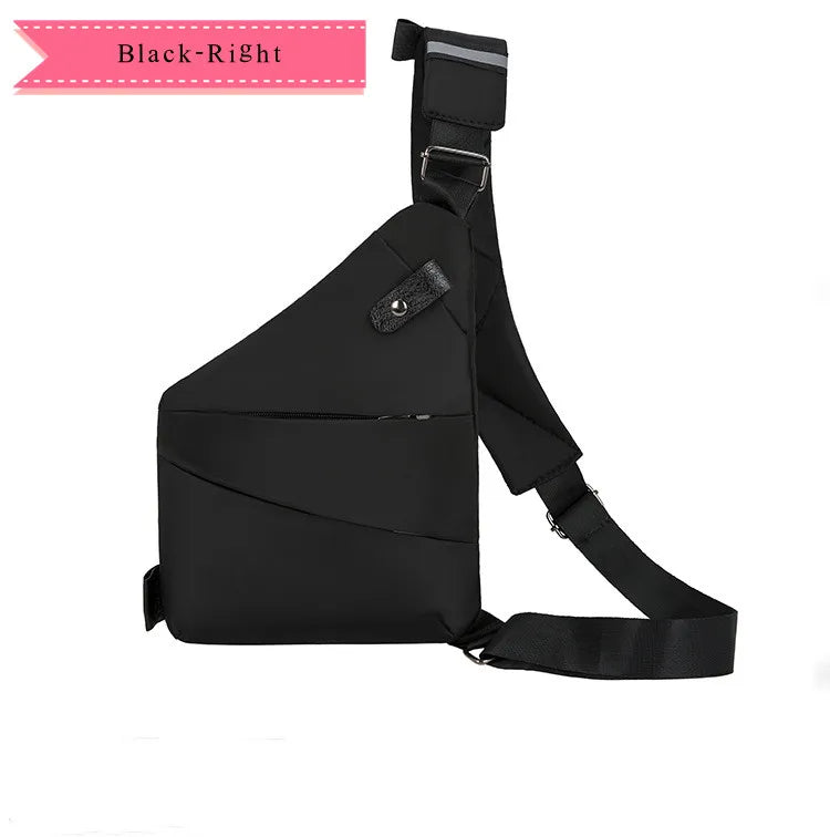 Black waterproof crossbody chest bag with a sleek triangular design, adjustable strap, and secure zip pockets.