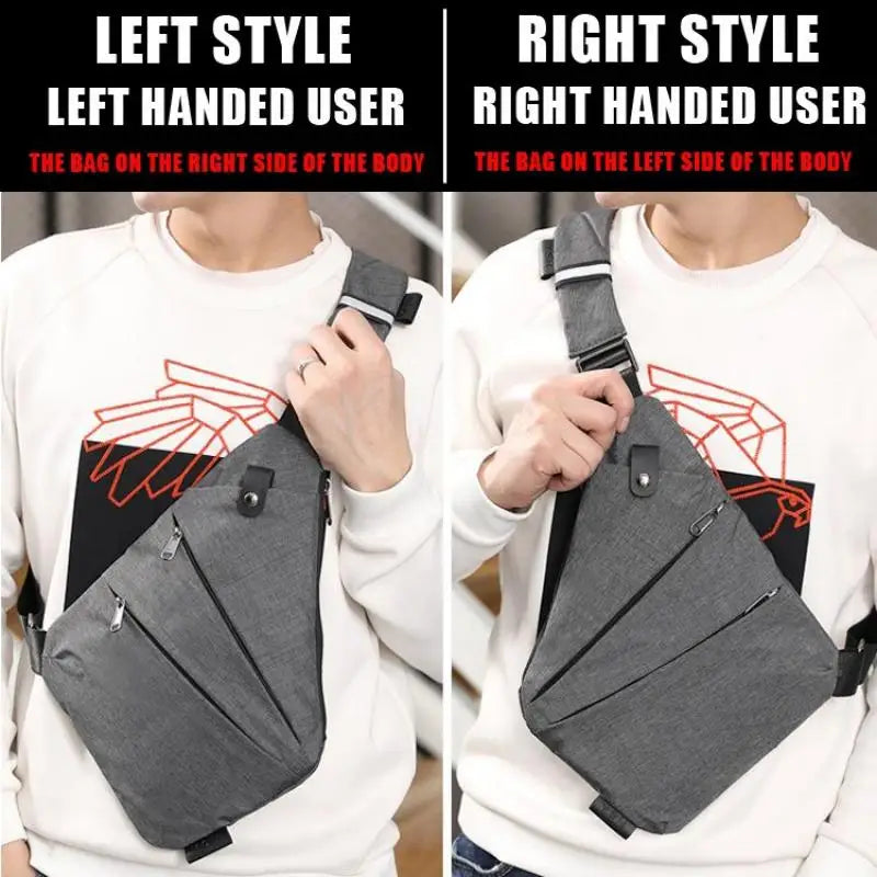 Grey, waterproof, anti-theft crossbody chest bag shown worn on both the left and right sides of the body.