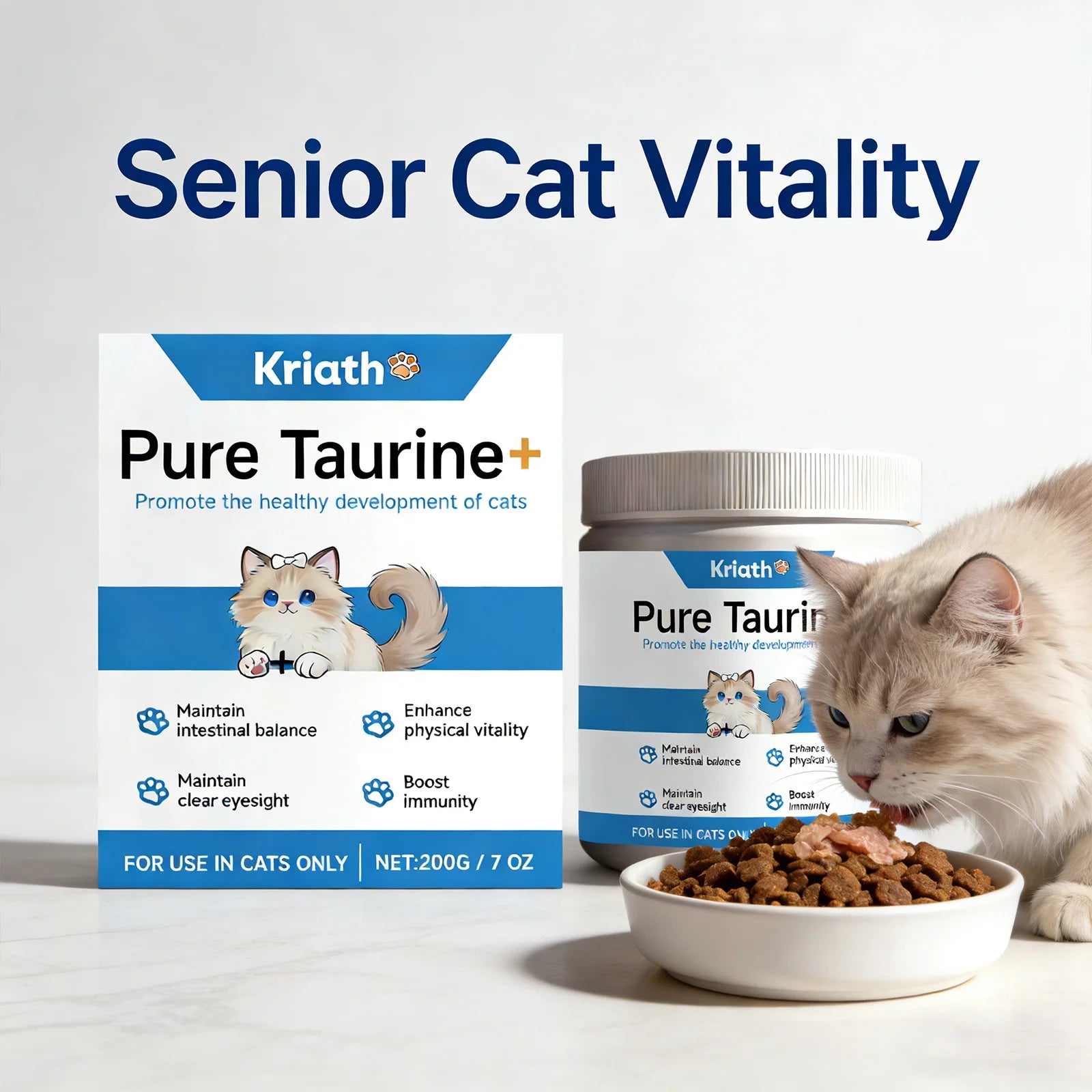 Senior cat vitality supplement powder in white tub and box, featuring blue branding and benefits for cat health.