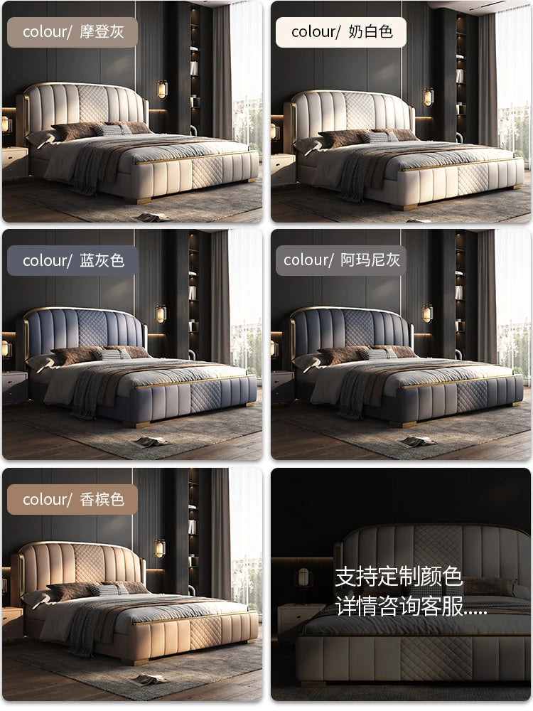 Minimalist bed frames in grey, white, blue-grey, and beige with tufted headboards, quilted detailing, and gold trim.