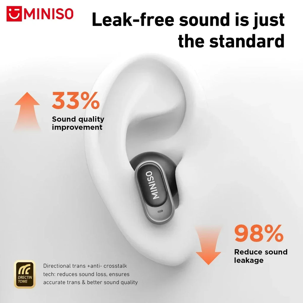 A sleek, dark grey wireless earbud in a human ear, highlighting improved sound quality and reduced sound leakage.