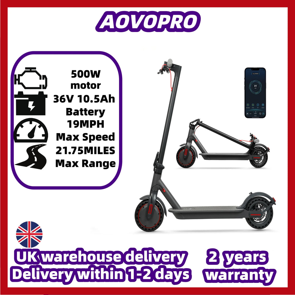 AOVOPRO foldable dark grey electric scooter with red wheel accents, shown upright and folded.