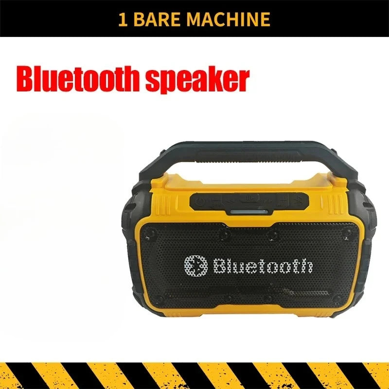 Rugged yellow and black portable Bluetooth speaker with a convenient carry handle, designed for site or outdoor use.