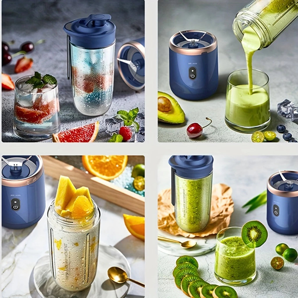 Portable blue personal blender with rose gold trim, shown with various fruit smoothies and fresh ingredients.