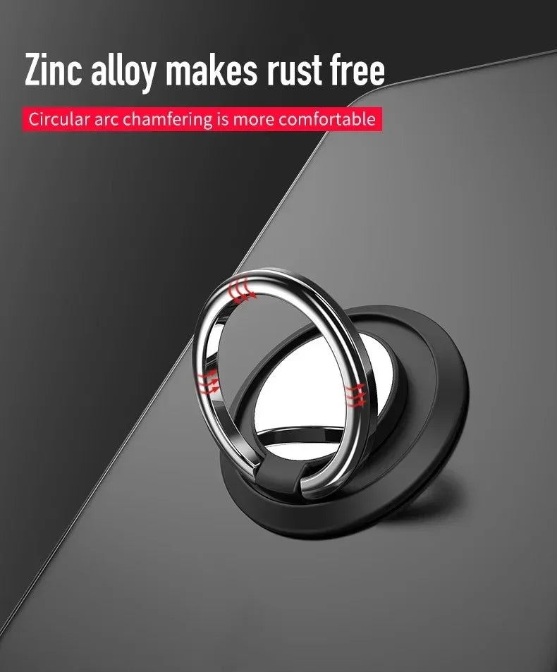 Silver-colored zinc alloy ring phone holder with a smooth, circular design attached to a black base.