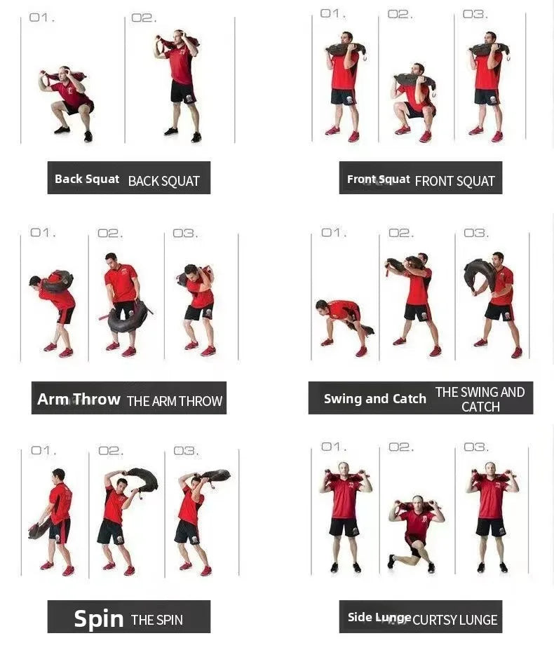 Black weighted Bulgarian training bag demonstrating six functional fitness exercises, including squats, lunges and swings.