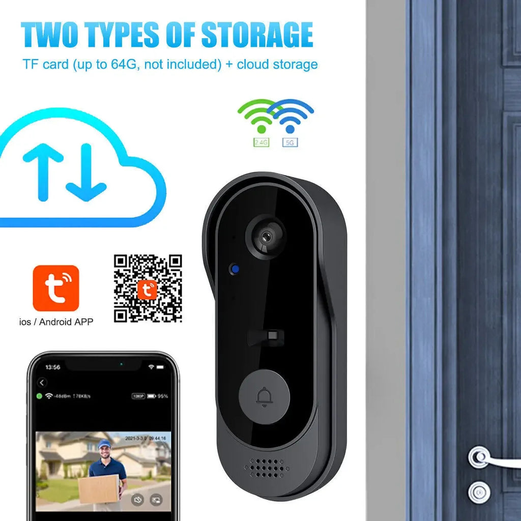 Black wireless HD smart video doorbell with speaker and button, showing app connectivity and cloud storage options.
