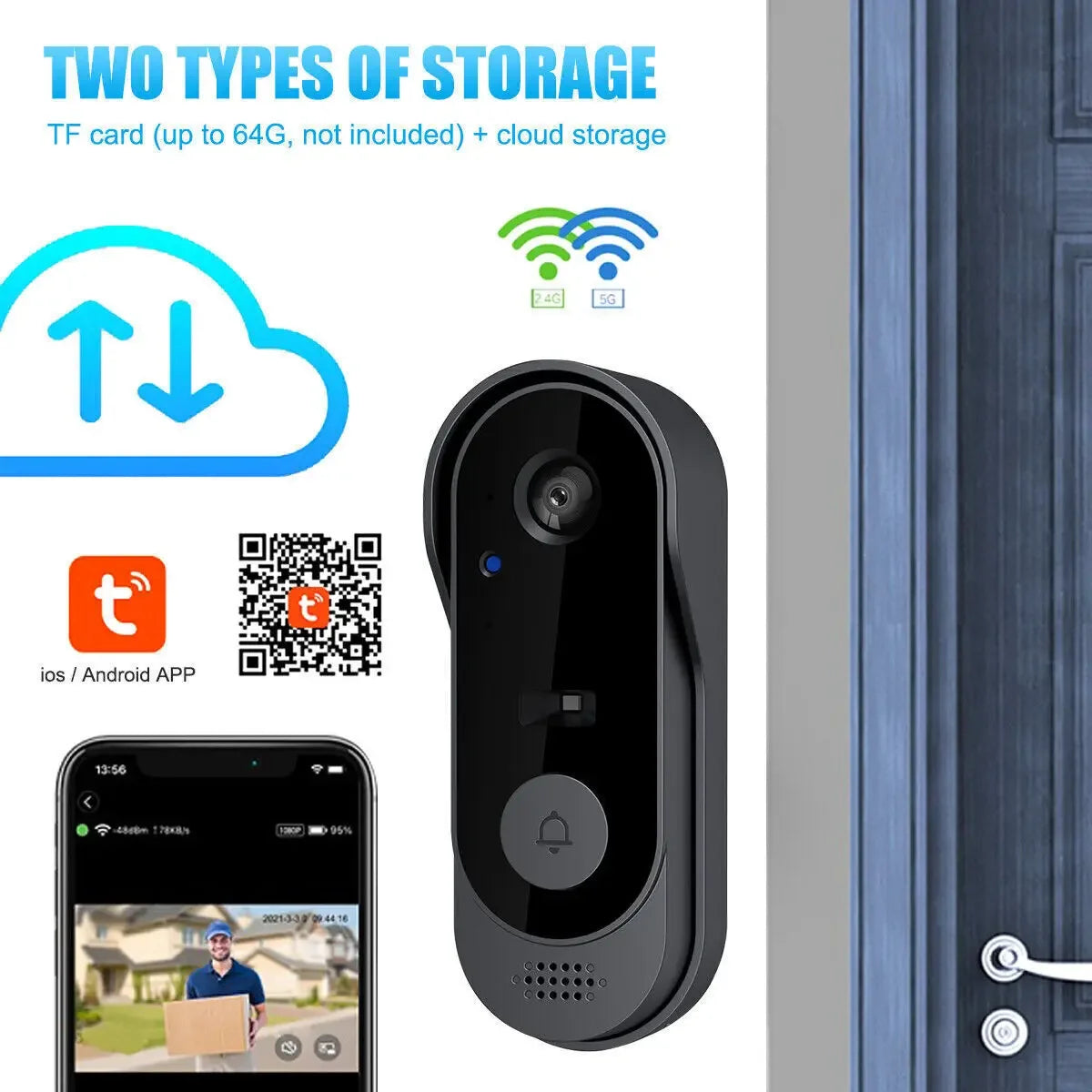 Black wireless HD smart video doorbell with speaker and button, showing app connectivity and cloud storage options.
