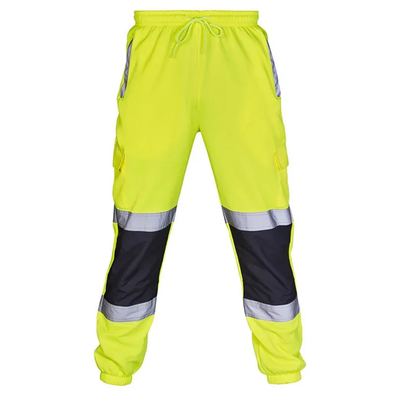 High-vis yellow workwear joggers with drawstring waist, black knee patches, and reflective leg strips.