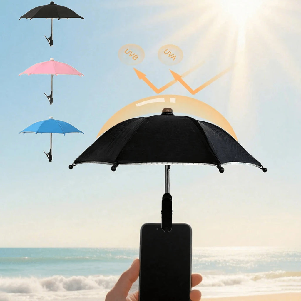 Small UV-protective sun umbrellas for smartphones, available in black, pink, and blue with a handy clip-on design.