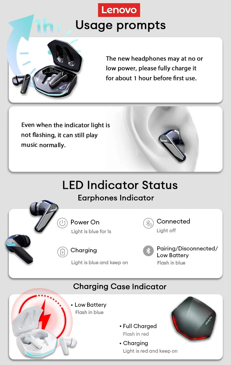Black wireless earbuds with a charging case, featuring blue and red LED indicator lights for status updates.