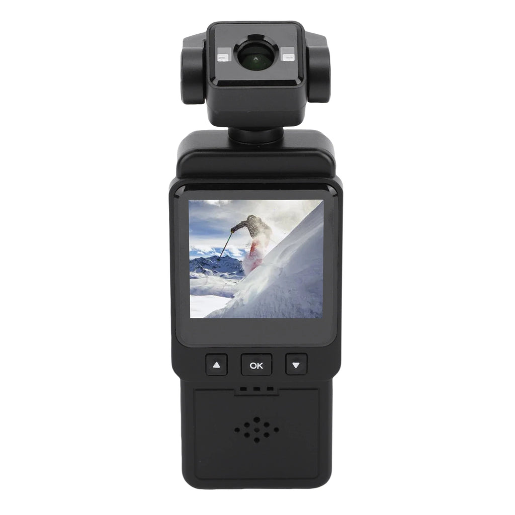 Black handheld gimbal camera with an integrated screen displaying a skier, plastic housing, and physical control buttons.
