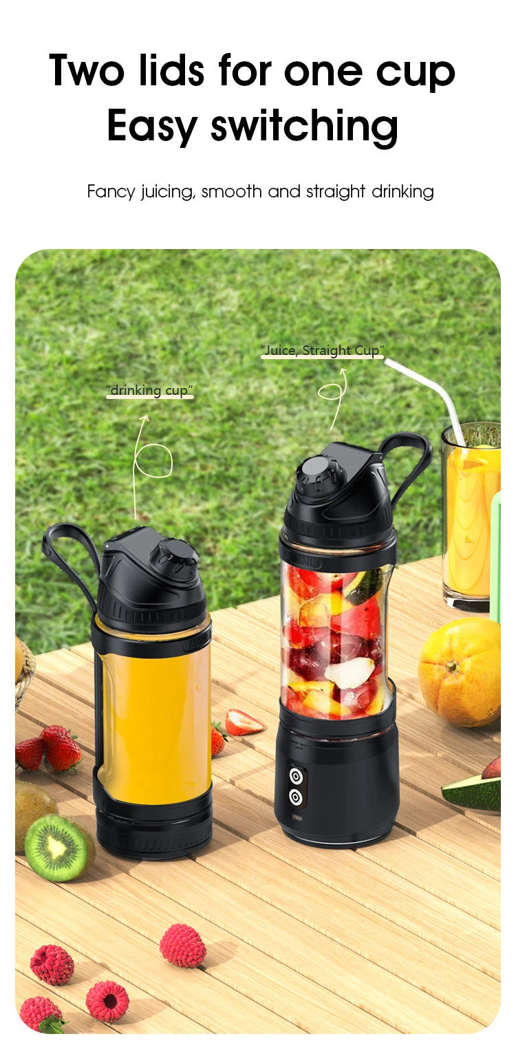 Portable black blender with two interchangeable lids and a glass body, sitting on a wooden table with fresh fruit.