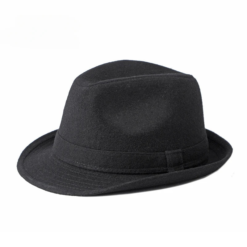 A black felt fedora hat featuring a classic pinched crown and a structured brim with a matching band.