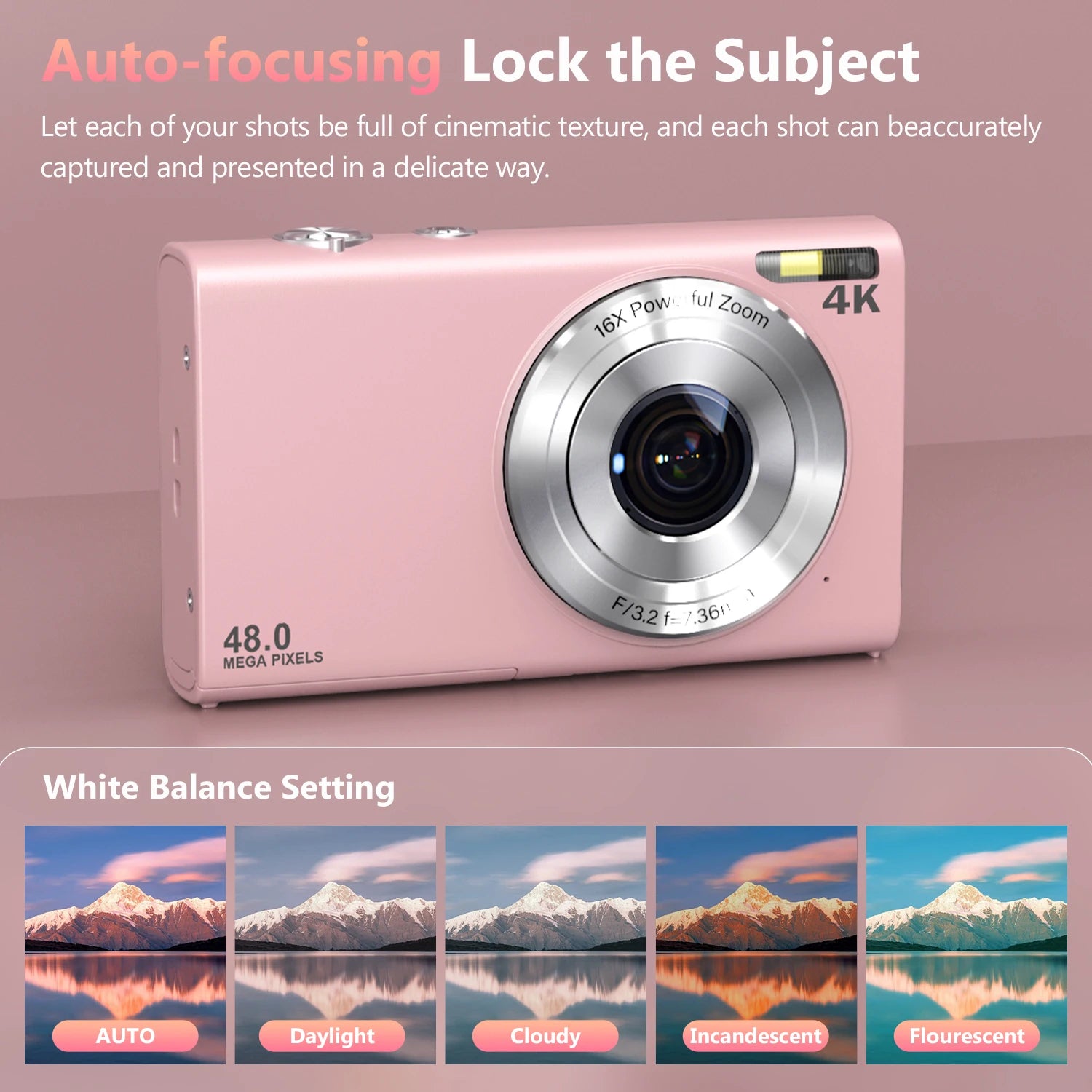 Pink 48MP digital compact camera with 16x zoom, 4K resolution, and auto-focus lens feature.