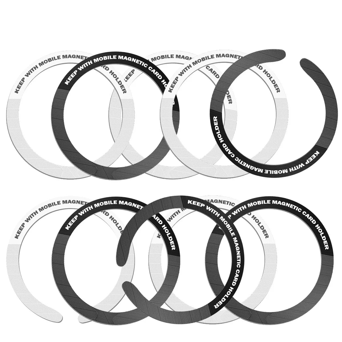 Set of circular adhesive magnetic rings for mobile card holders in black and white with printed text.