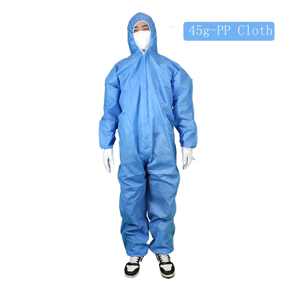 Person wearing a blue, hooded, 45g PP disposable protective coverall with white gloves and mask.