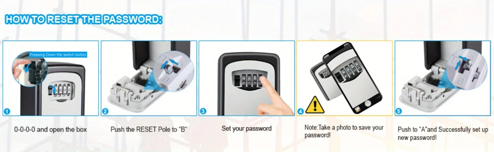 Instructional diagram showing steps to reset the combination on a black and grey metal wall-mounted key lock box.