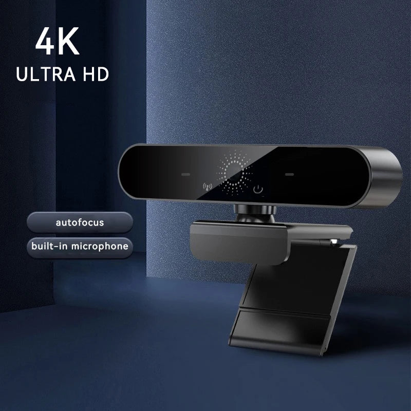 Sleek matte black 4K Ultra HD webcam with autofocus, built-in microphone and adjustable stand on a blue background.