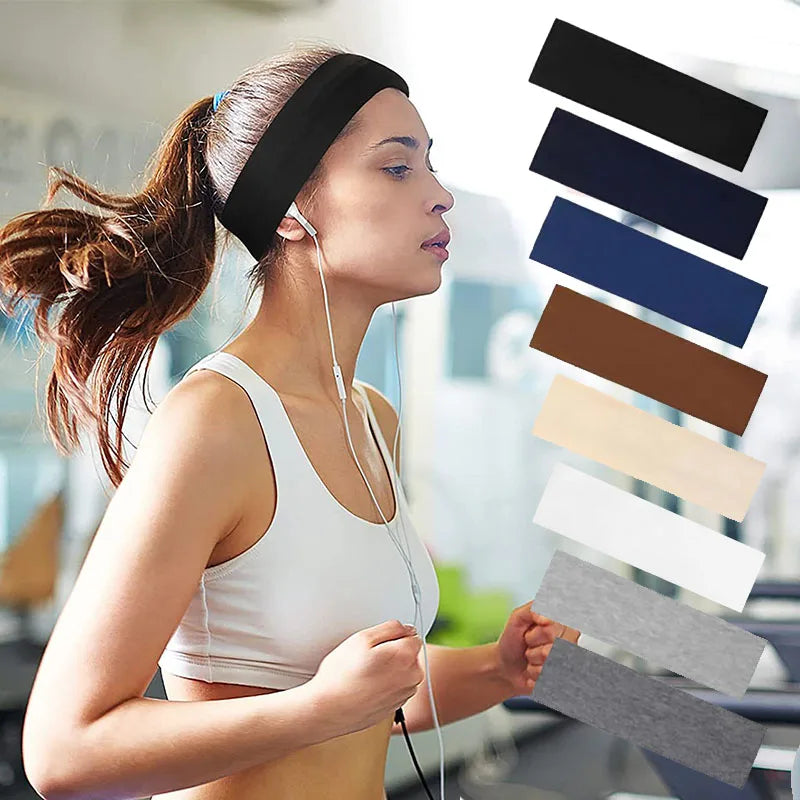 Woman running in a black sports headband, shown alongside a colour palette of eight additional plain headband options.