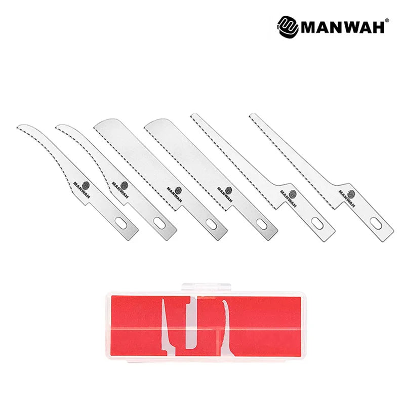 Set of six assorted stainless steel serrated craft knife blades with a protective red storage case.