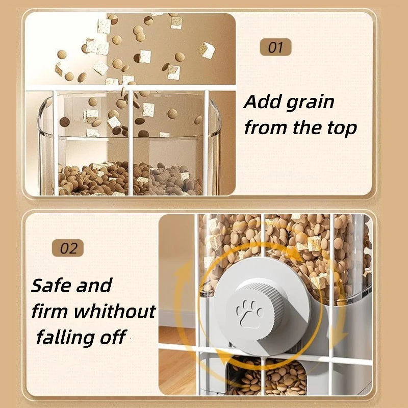 Clear wall-mounted pet food dispenser with a grey paw-print knob and transparent containers for dry kibble.