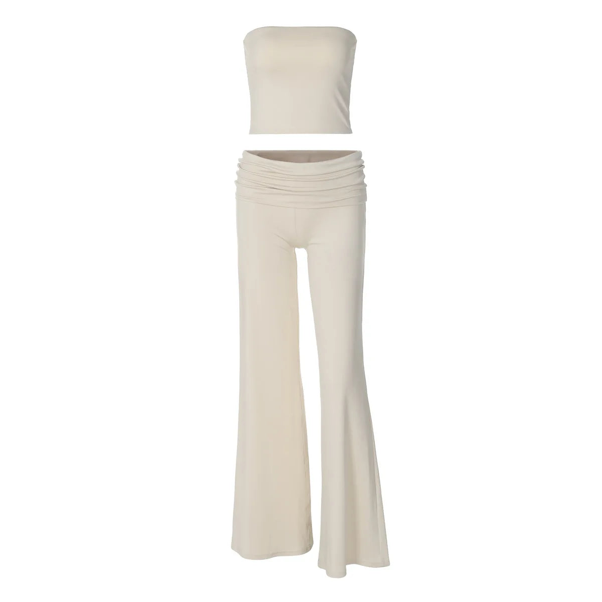 Beige two-piece set featuring a strapless tube top and matching high-waisted flared trousers with a folded waistband.