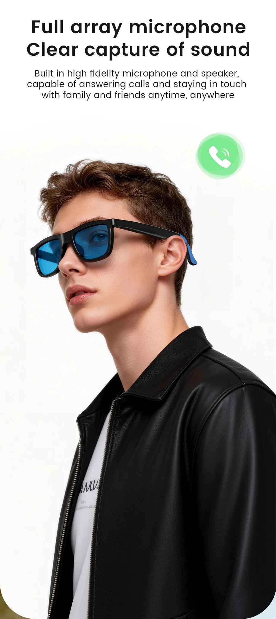 A man wearing stylish black smart glasses with blue-tinted lenses for Bluetooth audio and voice calls.