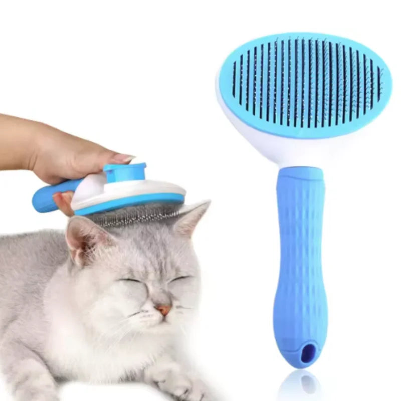 Blue and white self-cleaning pet slicker brush being used to groom a grey cat.