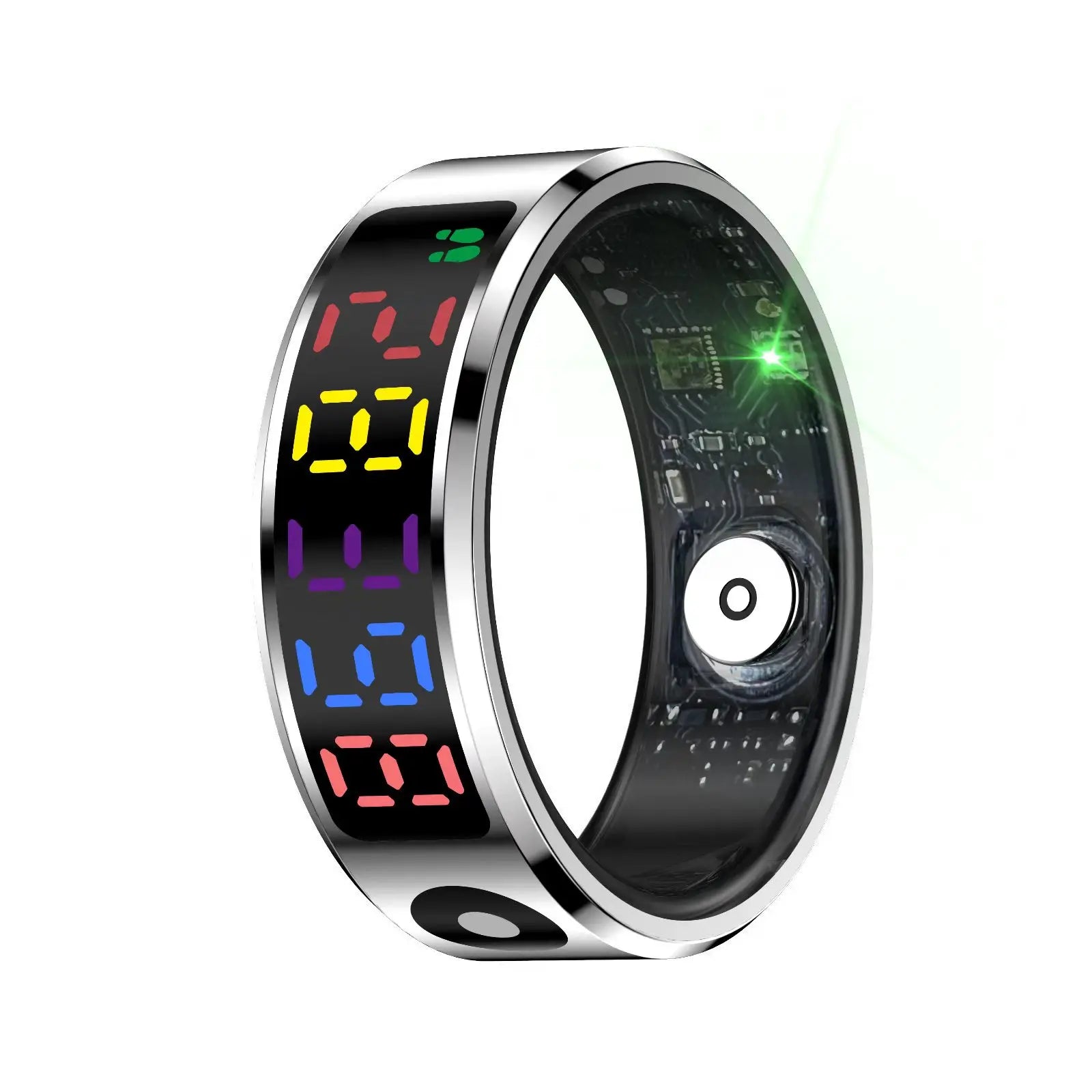 Sleek silver smart ring with a vibrant multi-coloured LED touch display and visible internal health monitoring sensors.