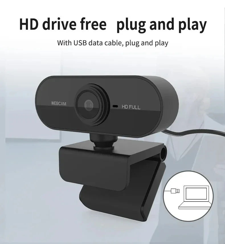 Black 1080p HD webcam with USB cable, built-in microphone, and adjustable mounting clip for plug-and-play use.