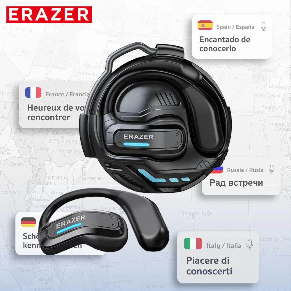 Black wireless ear hooks with a modern, futuristic design and blue accent lights against a world map background.
