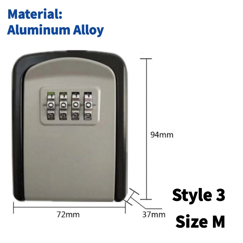 Aluminum alloy key lock box, gray and black, with a 4-digit combination dial, measuring 94x72x37mm.